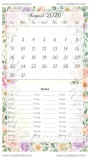 August 2026 Calendar Template 10 Floral Theme 262 Design Template