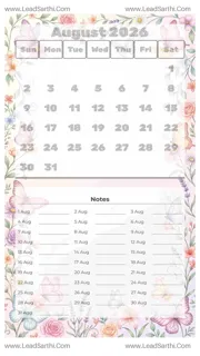 August 2026 Calendar Template 5 Butterfly Theme 143 Design Template
