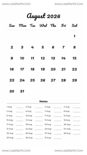 August 2026 Calendar Template 16 White BG 182 Design Template