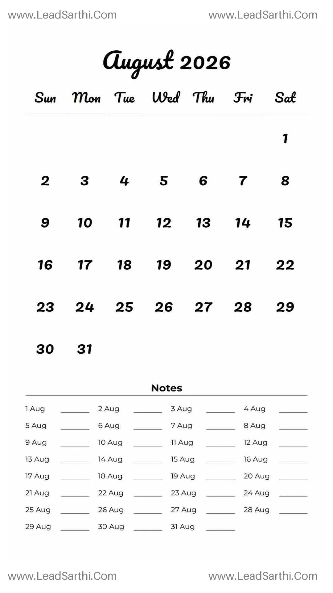 Printable August 2026 Calendar Template 16 White BG 182 Thumbnail