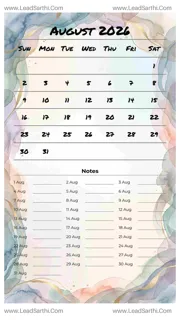 August 2026 Calendar Template 24 Watercolor Theme 218 Design Template