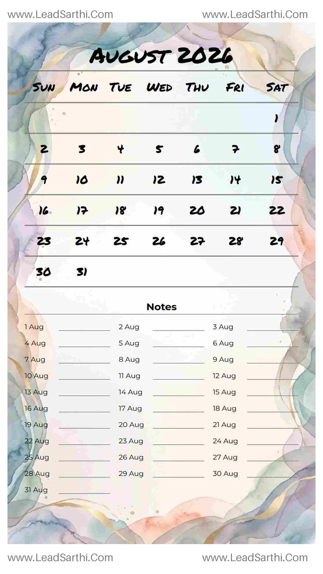 Printable August 2026 Calendar Template 24 Watercolor Theme 218 Thumbnail