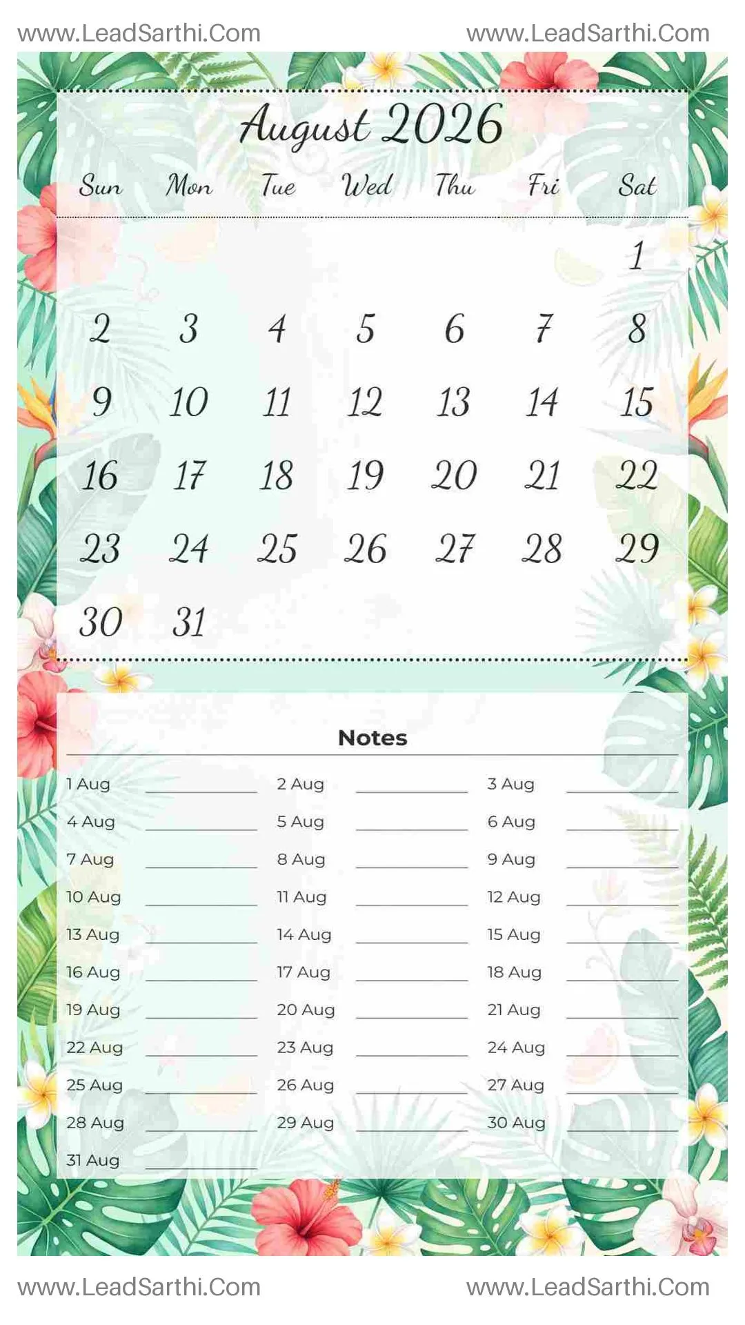 Printable August 2026 Calendar Template 10 Summer Theme 224 Thumbnail