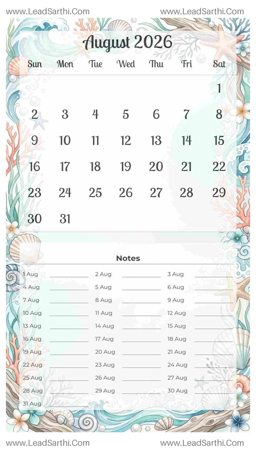 Printable August 2026 Calendar Template 11 Ocean Theme 233 Thumbnail