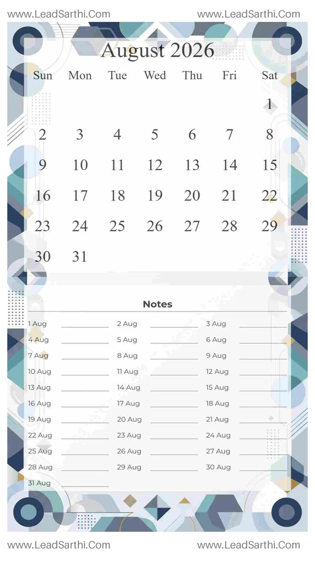 Printable August 2026 Calendar Template 1 Geometric Theme 107 Thumbnail