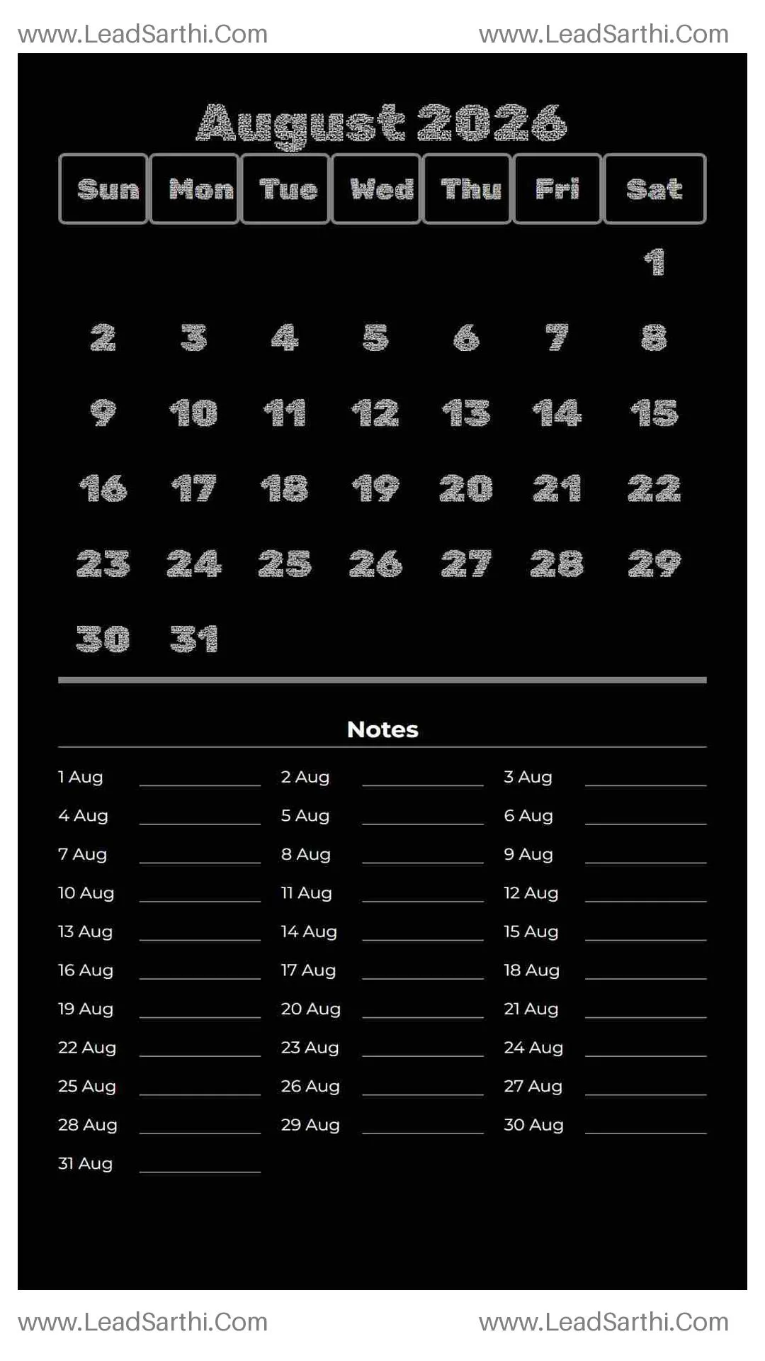 Printable August 2026 Calendar Template 5 Dark Theme 263 Thumbnail