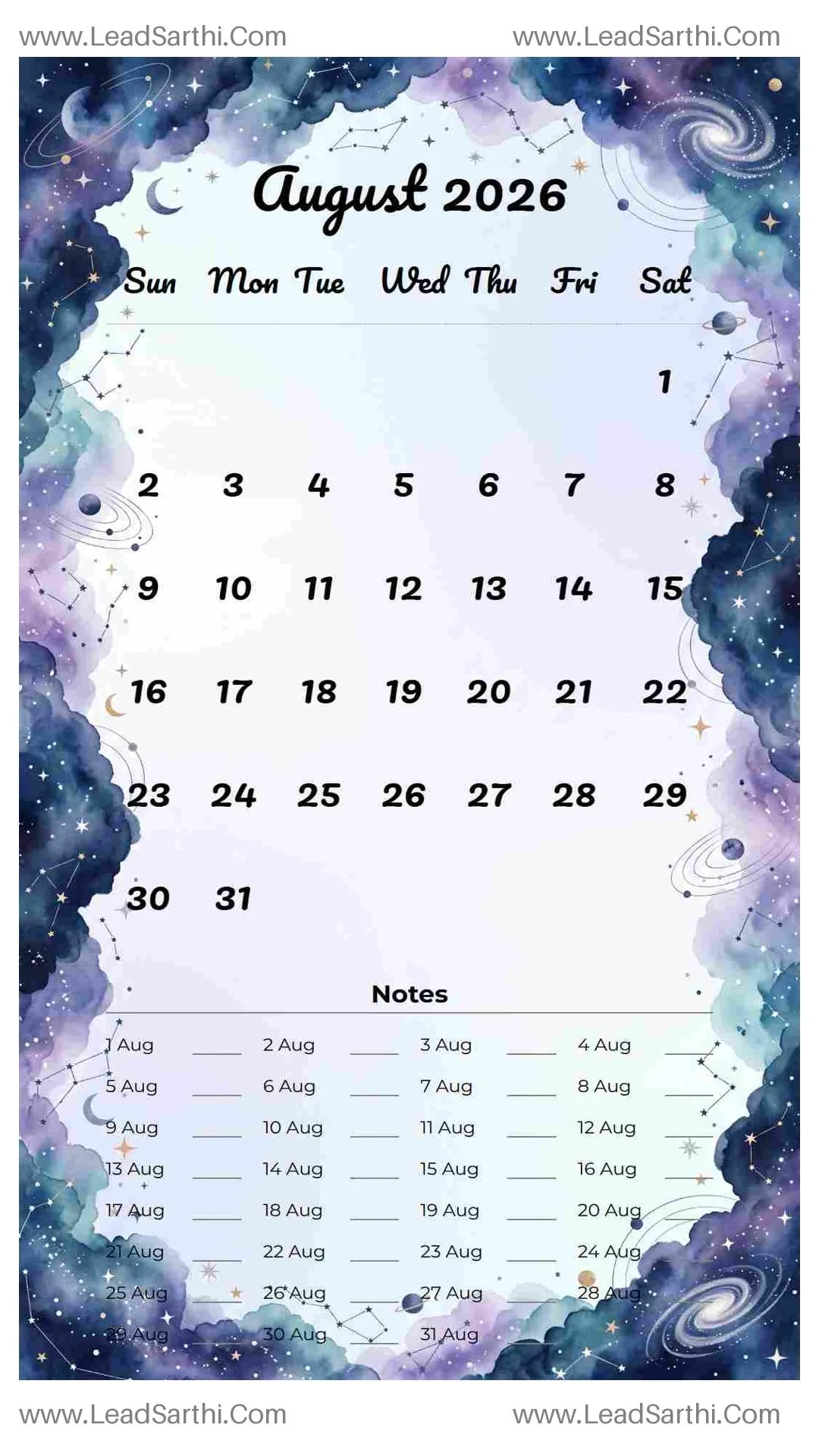 Printable August 2026 Calendar Template 16 Galaxy Theme 271 Thumbnail