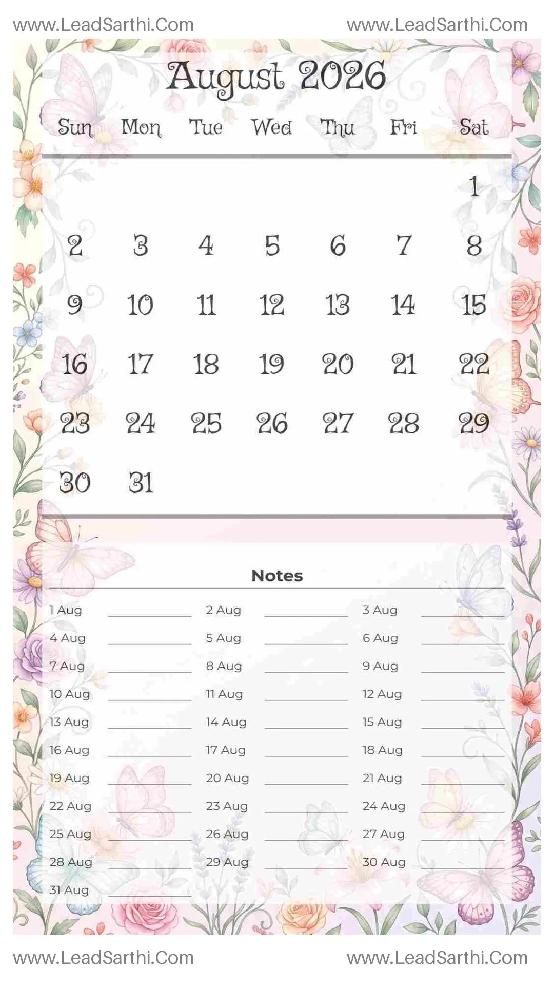 Printable August 2026 Calendar Template 2 Butterfly Theme 199 Thumbnail