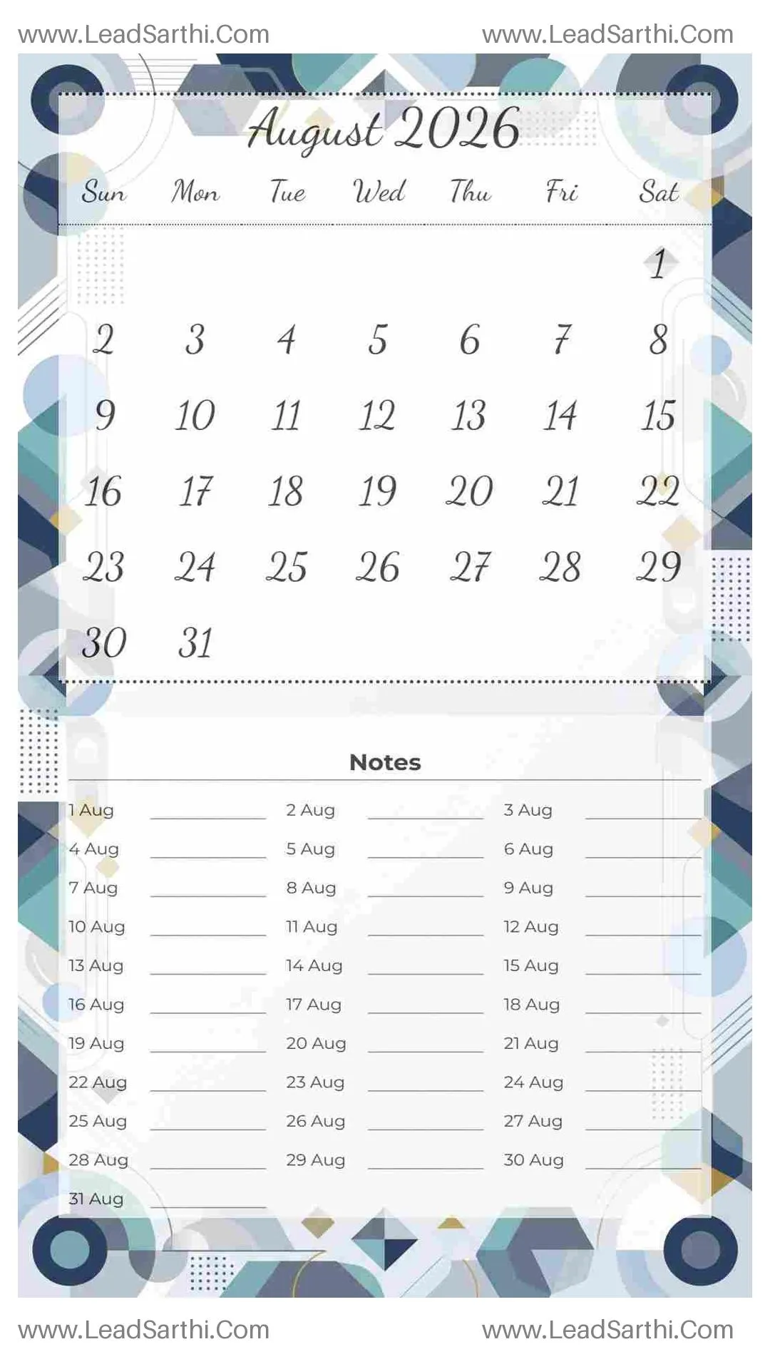 Printable August 2026 Calendar Template 10 Geometric Theme 245 Thumbnail
