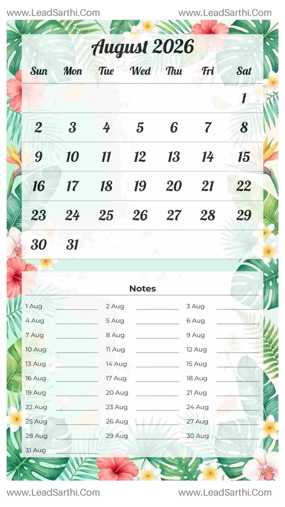 Printable August 2026 Calendar Template 19 Summer Theme 229 Thumbnail