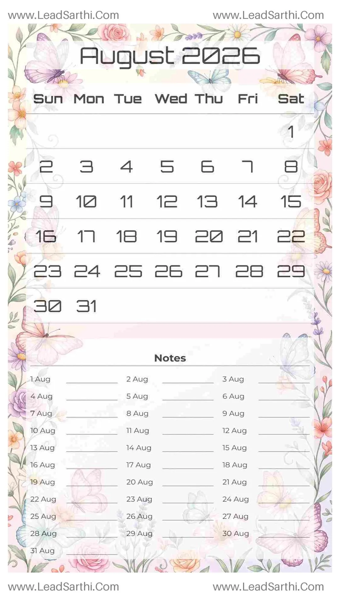 Printable August 2026 Calendar Template 15 Butterfly Theme 37 Thumbnail