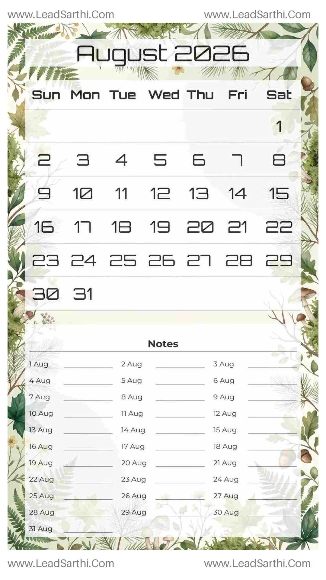 Printable August 2026 Calendar Template 15 Forest Theme 241 Thumbnail