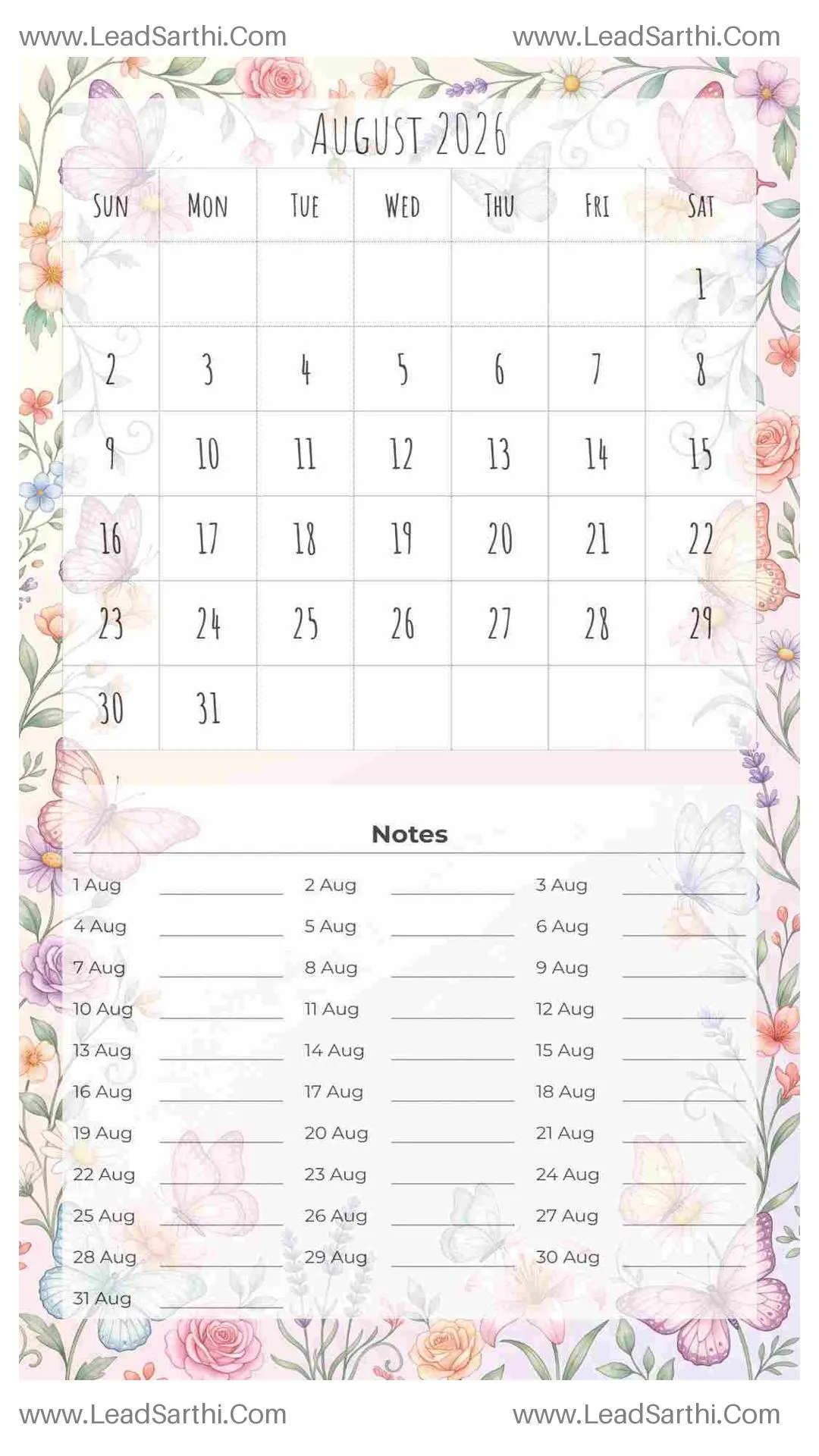Printable August 2026 Calendar Template 25 Butterfly Theme 183 Thumbnail