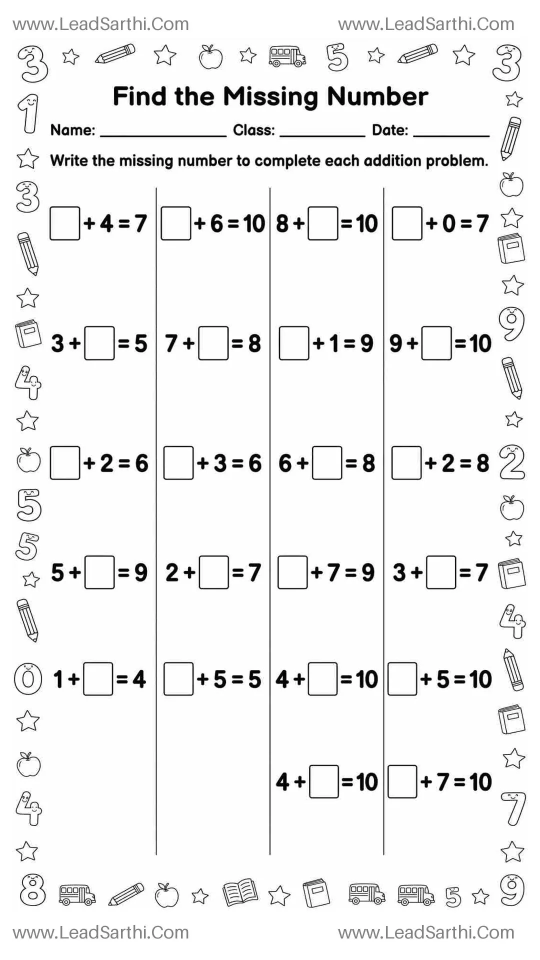 Printable Missing Addend Addition Worksheet for Kindergarten | Find the Missing Number Thumbnail