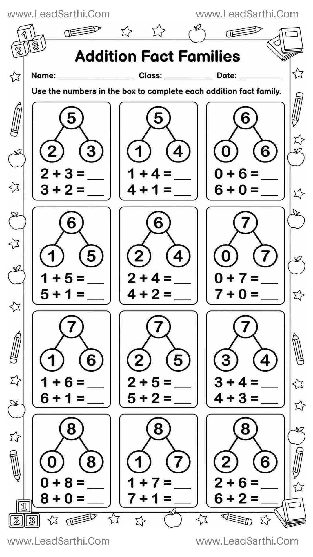 Printable Addition Fact Families Worksheet for Kindergarten | Number Bonds Practice Thumbnail