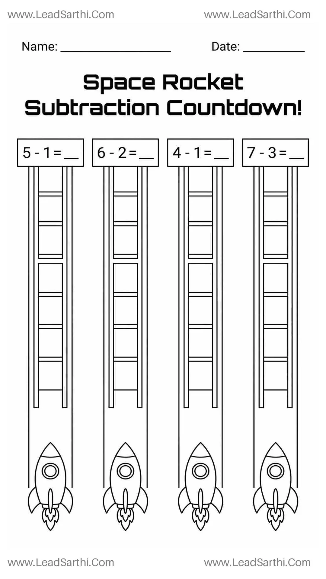 Free Space Theme Subtraction Worksheet for Kindergarten - Rocket PDF Thumbnail