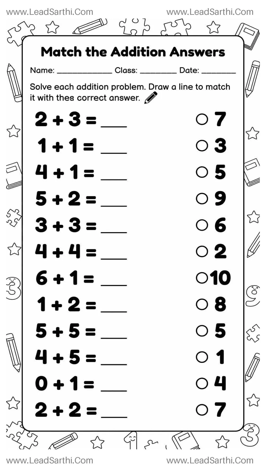 Printable Addition Matching Worksheet for Kindergarten | Match the Math Answers Thumbnail