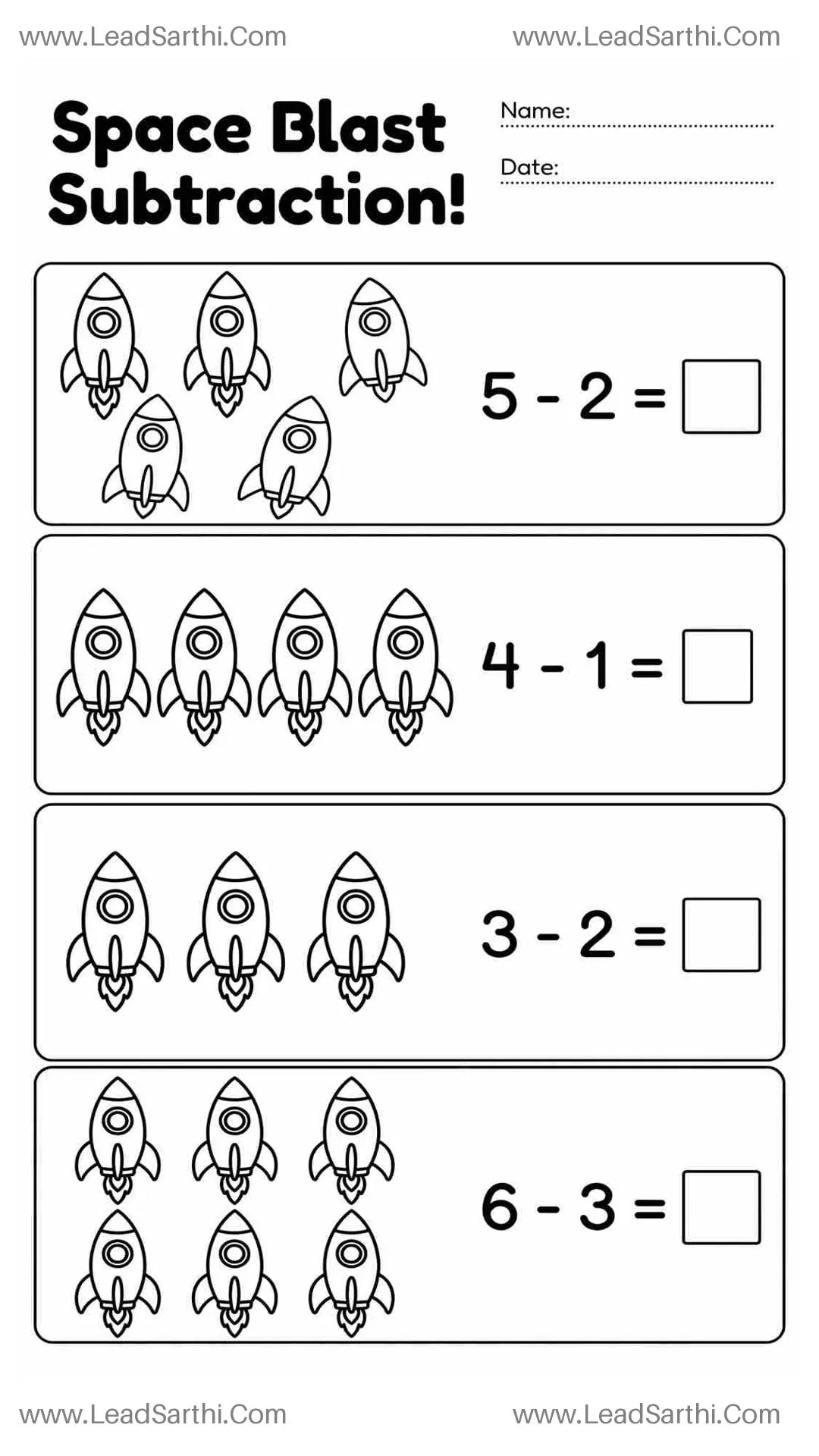 Galaxy Math: Outer Space Subtraction Page for Kindergarteners Thumbnail