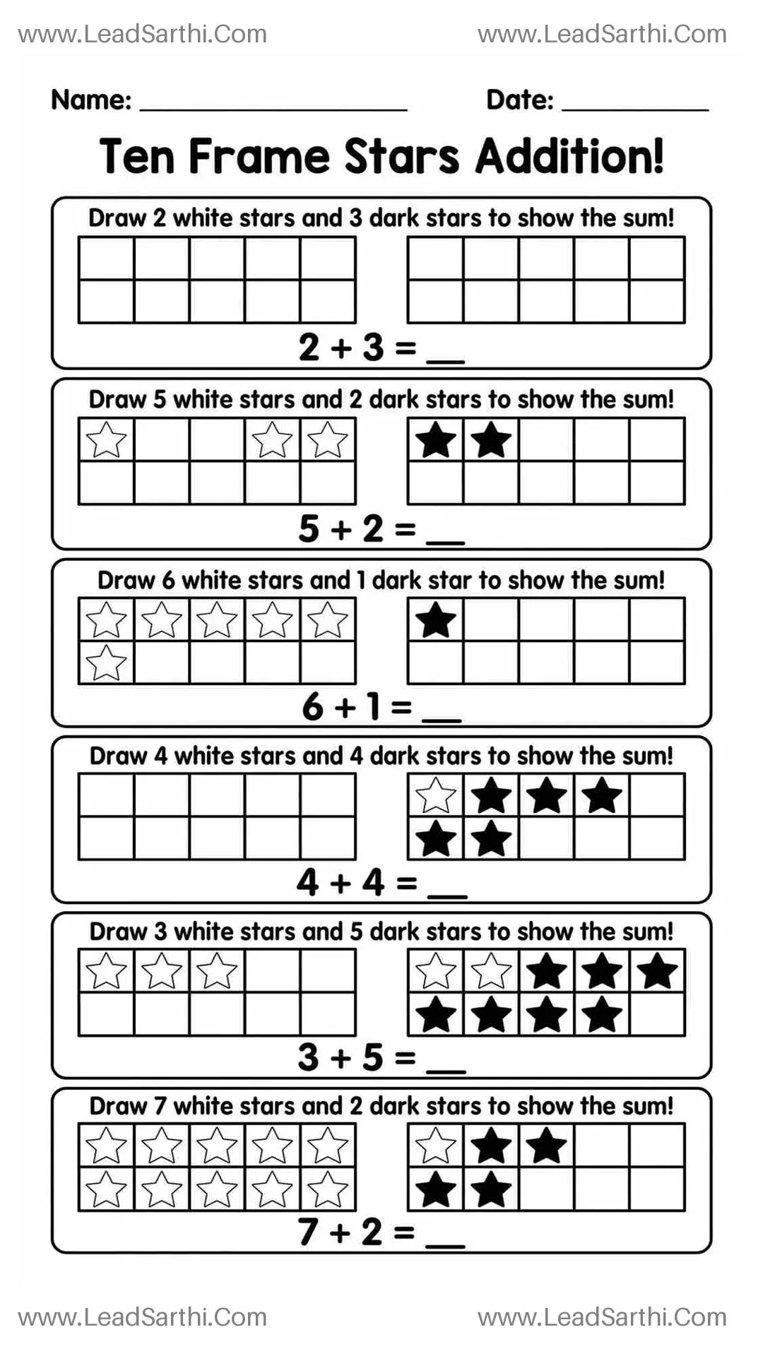 Free Ten Frame Addition Worksheet for Kindergarten - Stars & Sums within 10 Thumbnail