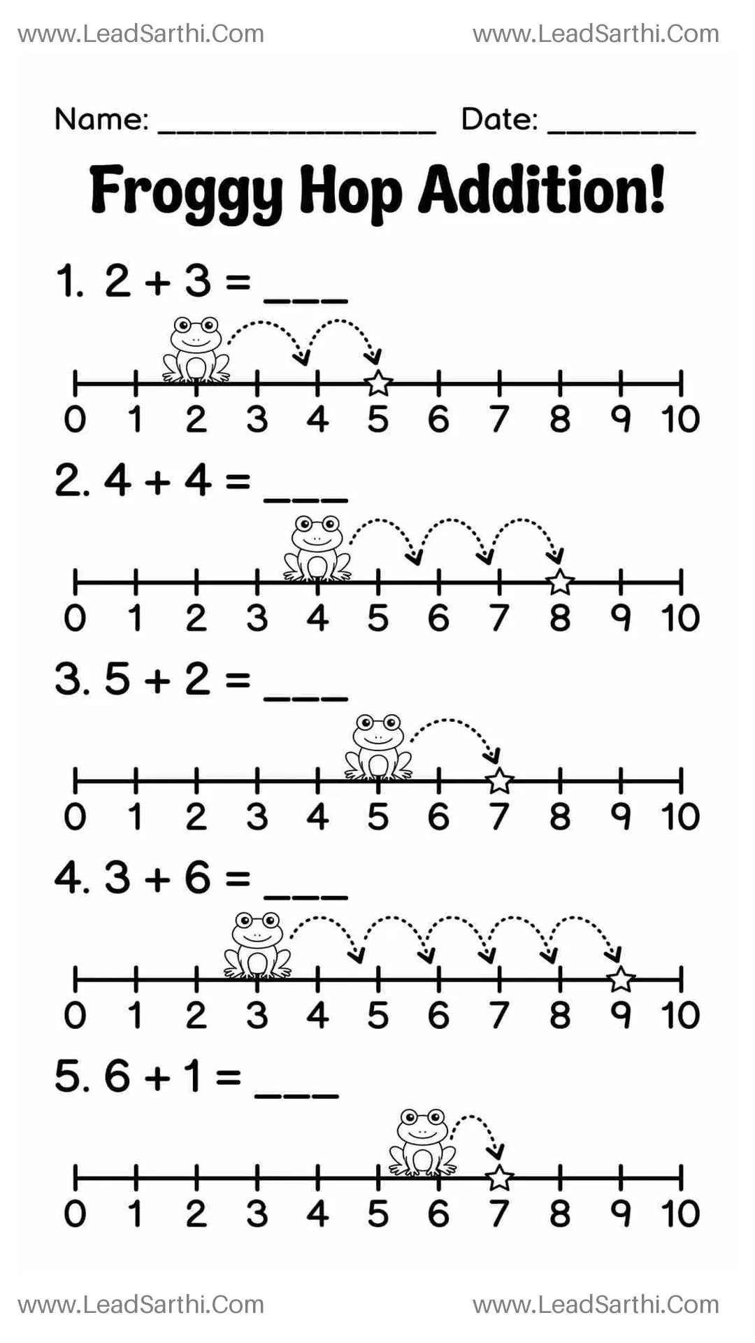 Kindergarten Number Line Addition Worksheet - Free Frog Hop Math PDF Thumbnail