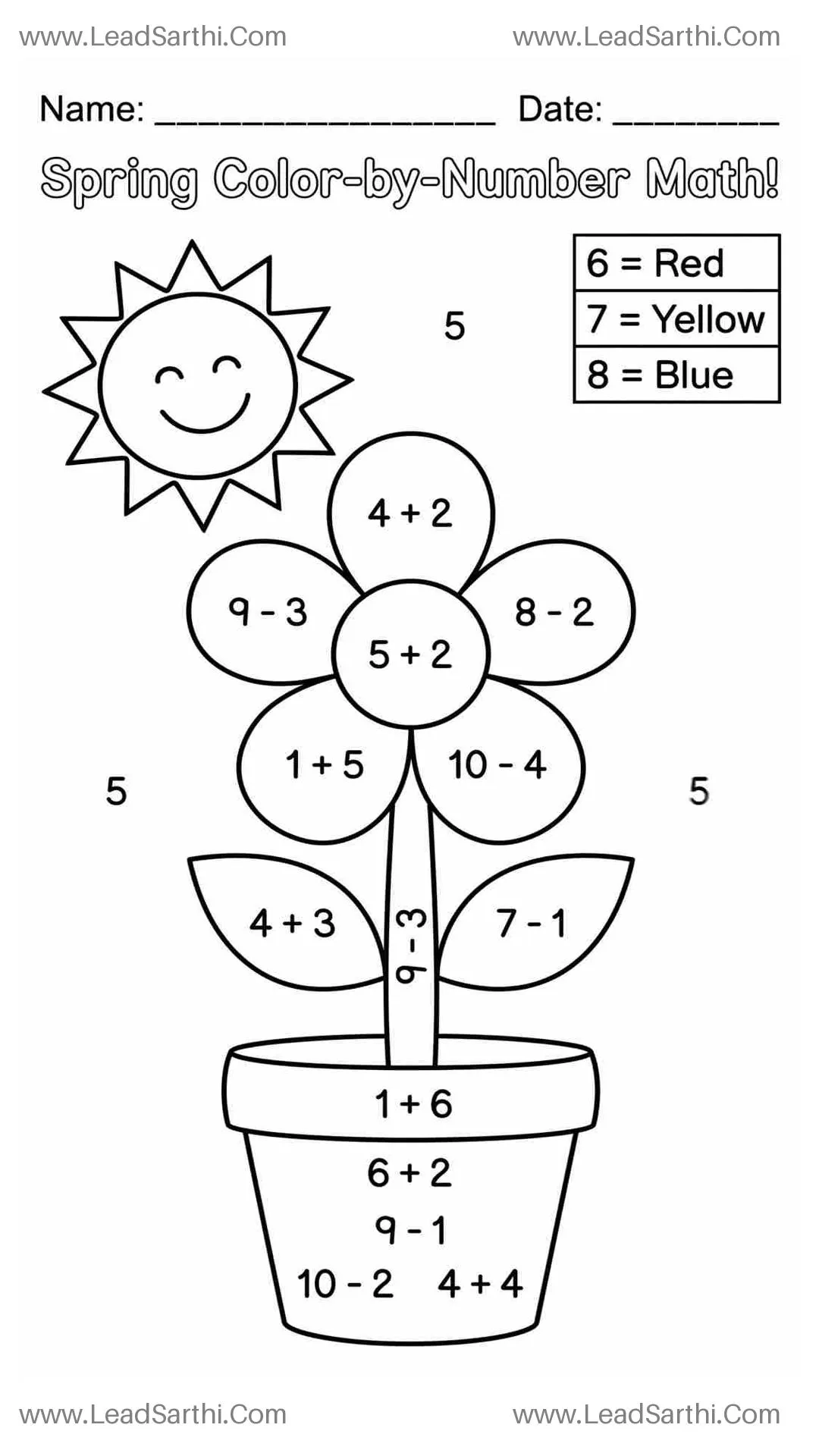 Kindergarten Color by Number Math Worksheet - Free Spring PDF Printable Thumbnail