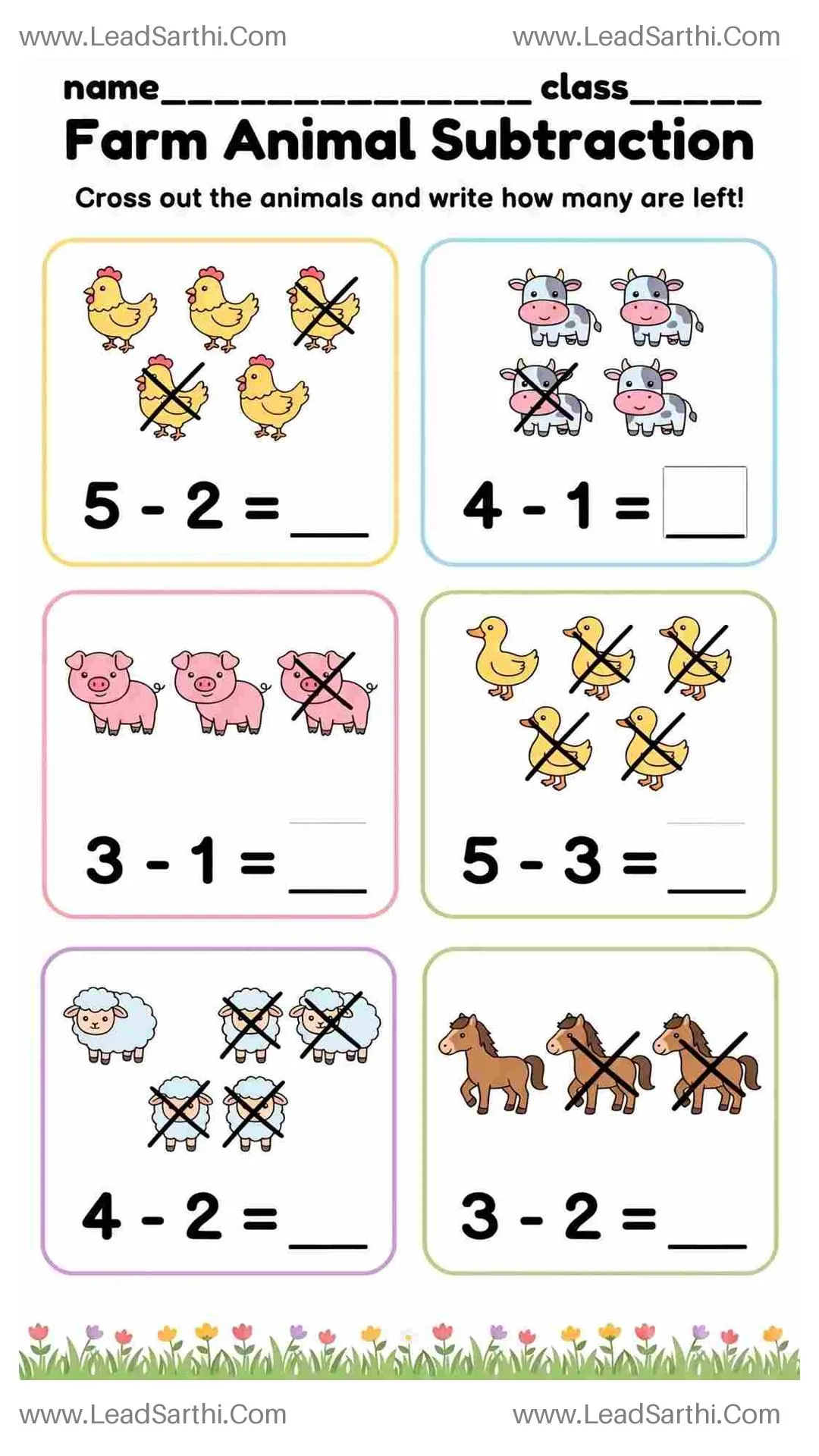 Free Farm Animal Subtraction Worksheet for Kindergarten (Printable PDF) Thumbnail