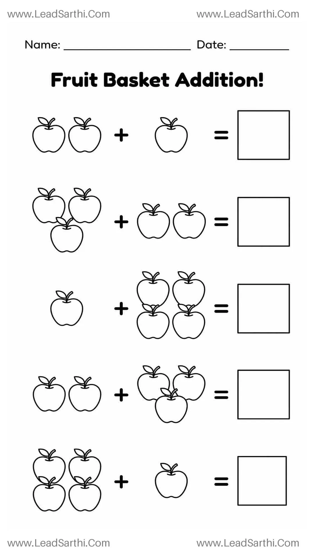 Free Fruit Counting & Addition Worksheet for Kindergarten (PDF) Thumbnail