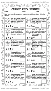 Printable Kindergarten Addition Word Problems Worksheet | Story Math Practice Design Template