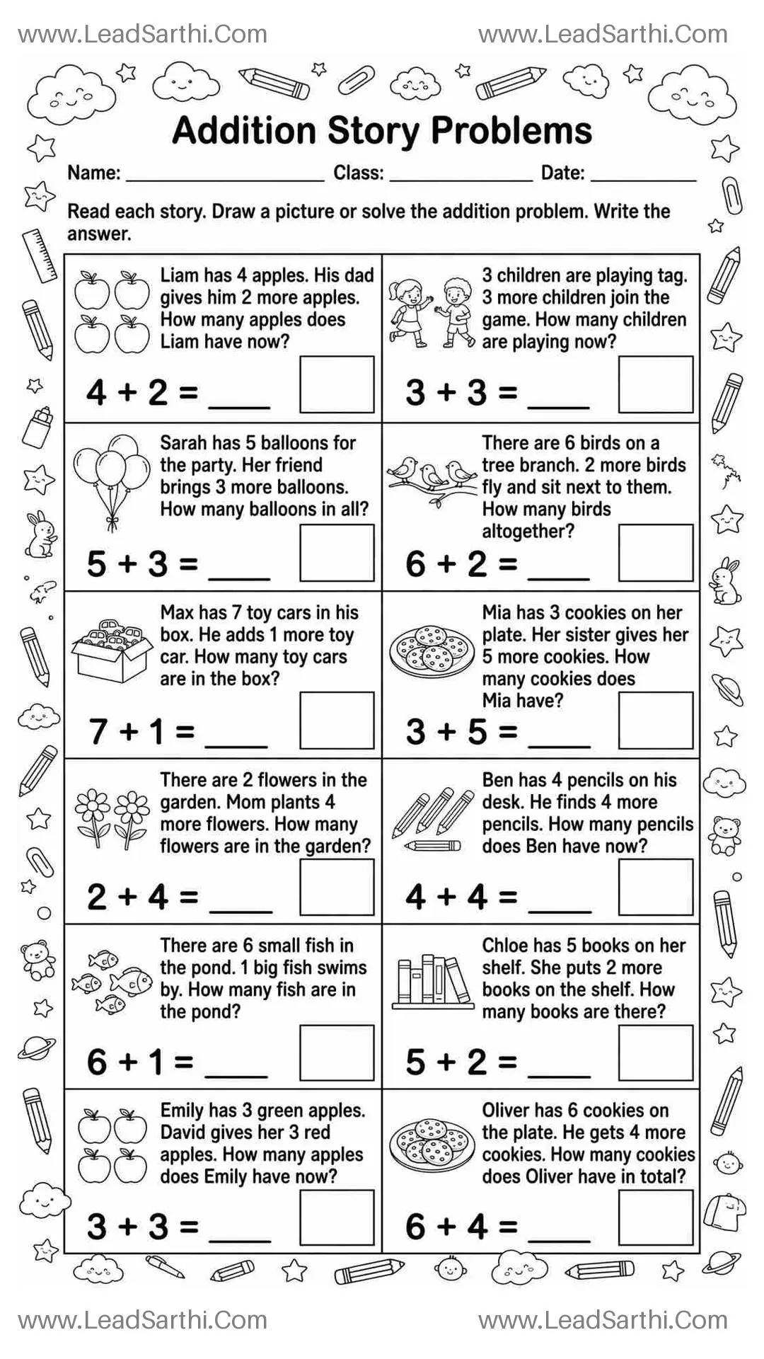 Printable Kindergarten Addition Word Problems Worksheet | Story Math Practice Thumbnail