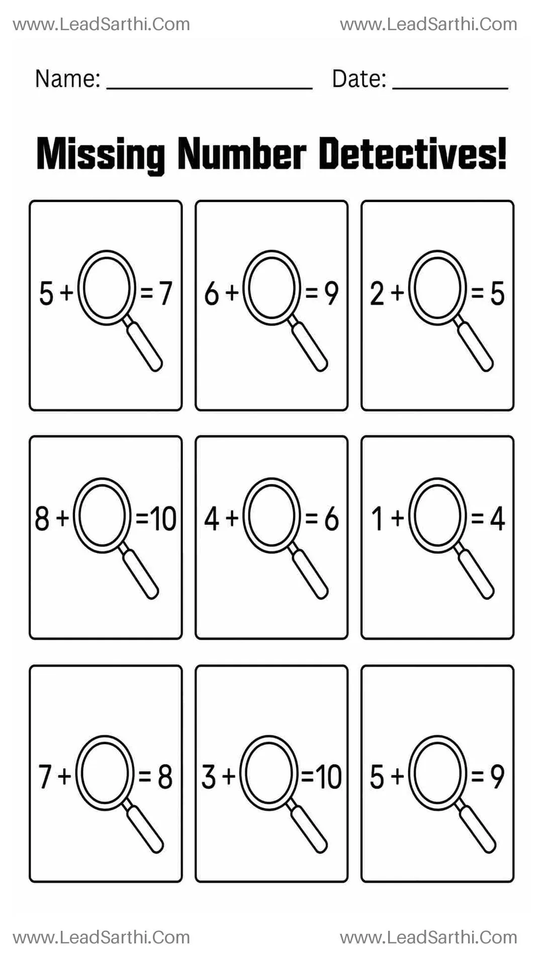 Free Missing Addend Kindergarten Worksheet - Math Detective PDF Thumbnail
