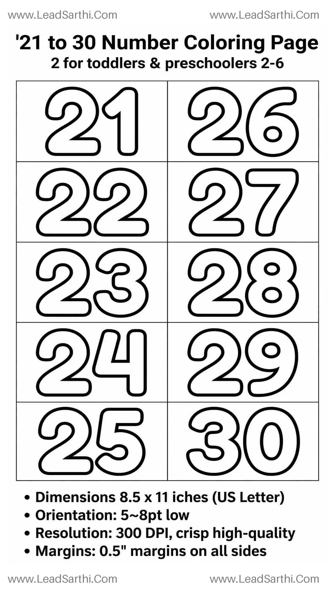 Numbers 21 to 30 Coloring Page Layout | Printable Kids Math PDF Thumbnail
