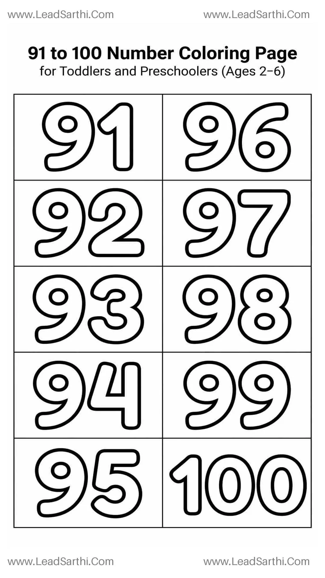 Numbers 91 to 100 Coloring Page Worksheet | Printable Kids Math PDF Thumbnail
