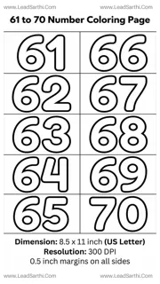 Numbers 61 to 70 Coloring Page Sheet | Printable Preschool Activity PDF Design Template