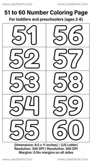 Numbers 51 to 60 Coloring Page Worksheet | Printable Kids Math PDF Design Template