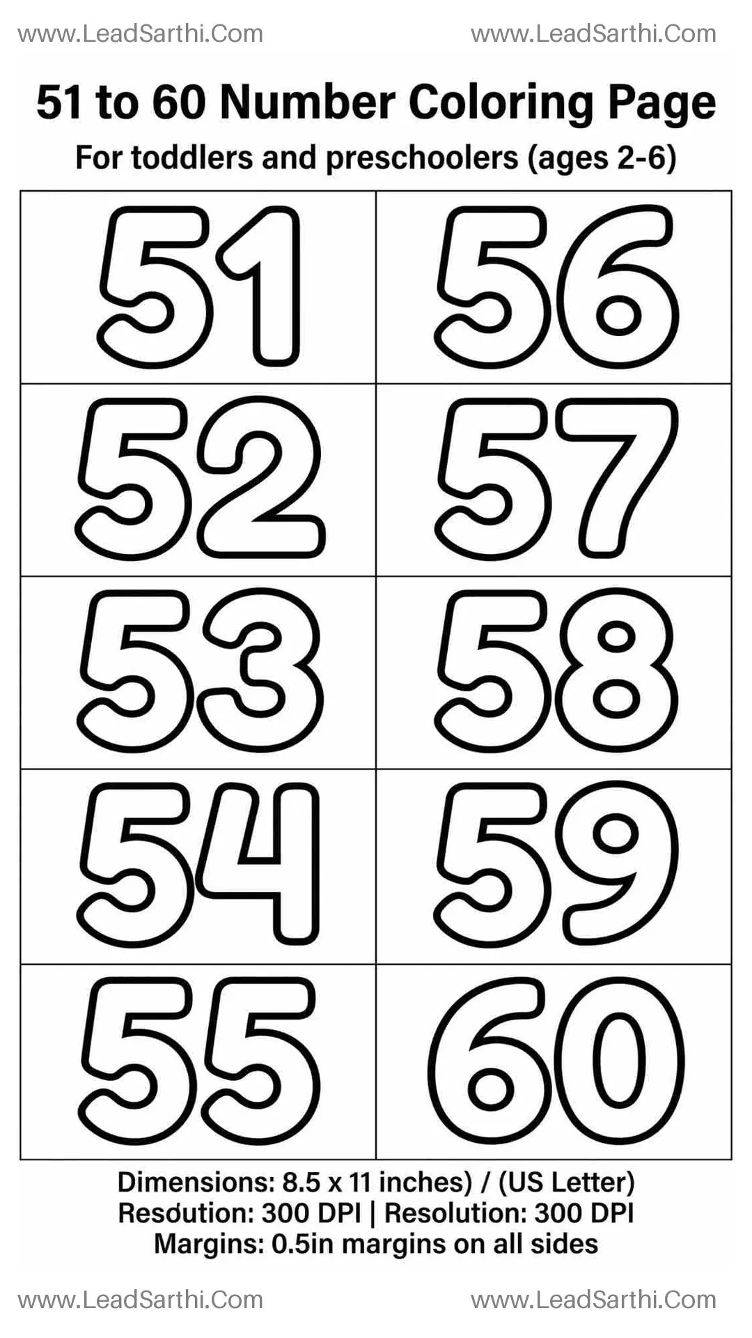 Numbers 51 to 60 Coloring Page Worksheet | Printable Kids Math PDF Thumbnail