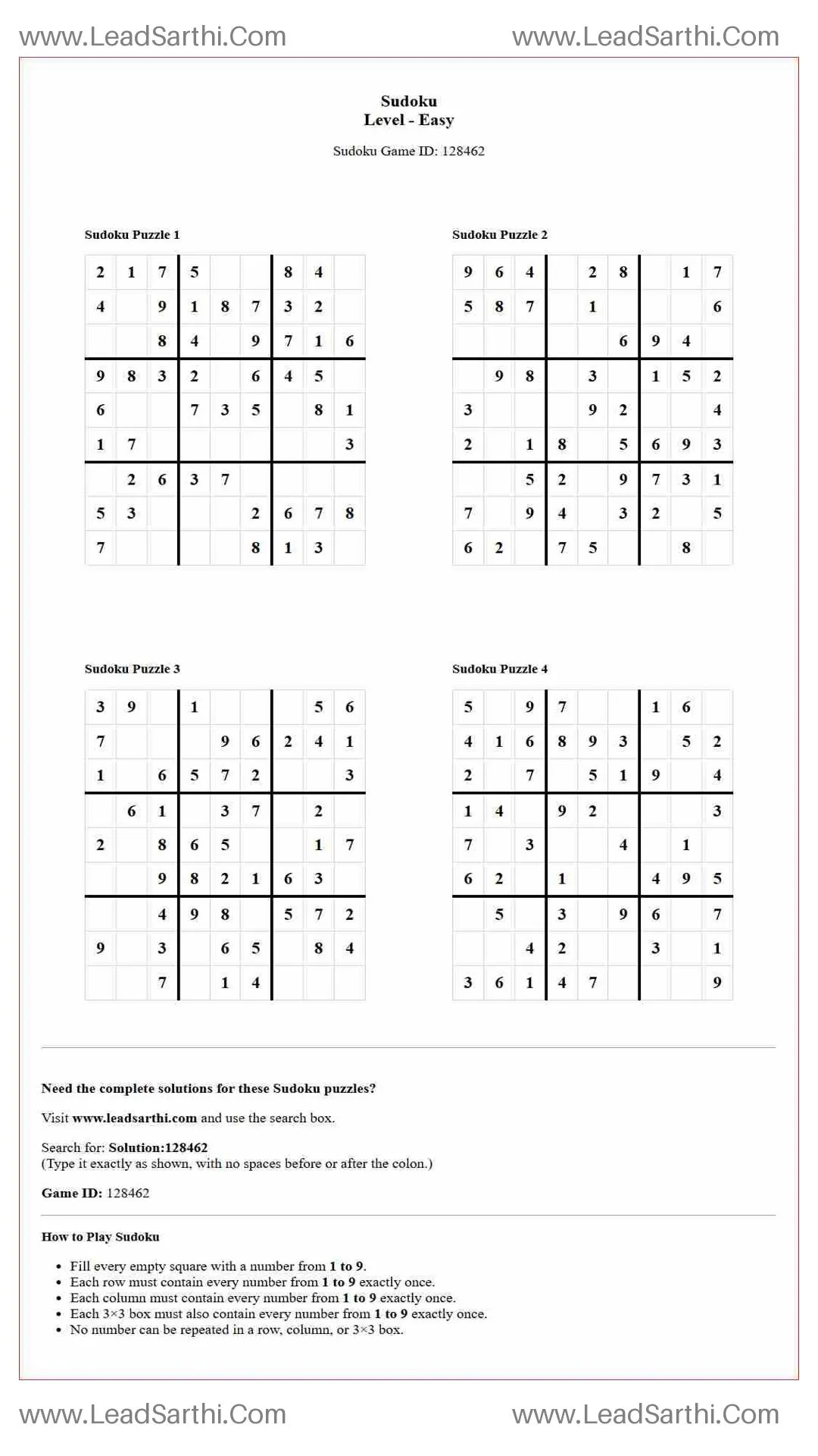Sudoku Puzzles 4 per Page Easy Level pdf [Game ID: 128462] Thumbnail