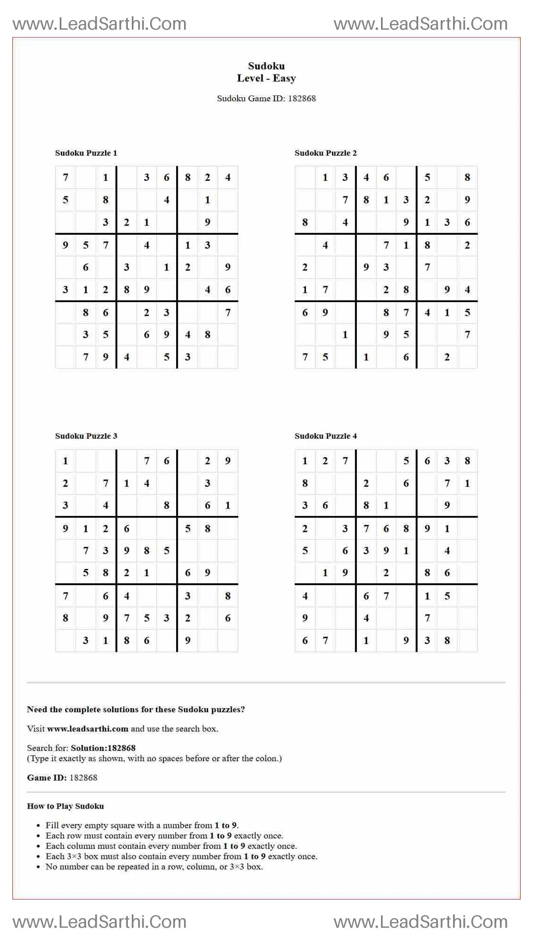 Sudoku Puzzles 4 per Page Easy Level pdf [Game ID: 182868] Thumbnail