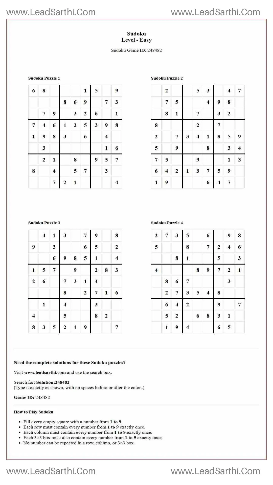 Sudoku Puzzles 4 per Page Easy Level pdf [Game ID: 248482] Thumbnail