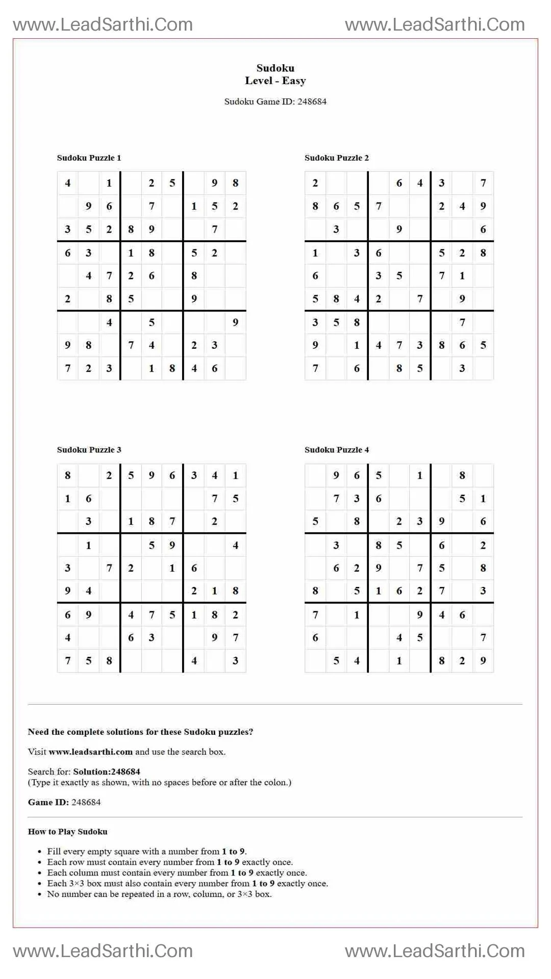 Sudoku Puzzles 4 per Page Easy Level pdf [Game ID: 248684] Thumbnail