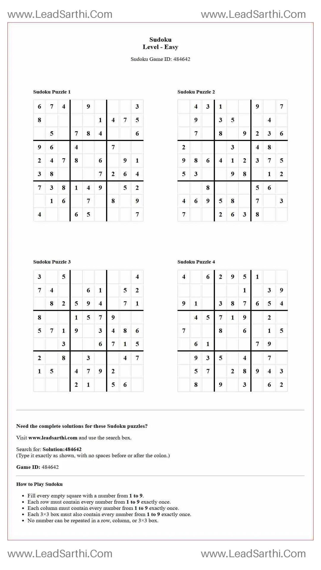 Sudoku Puzzles 4 per Page Easy Level pdf [Game ID: 484642] Thumbnail