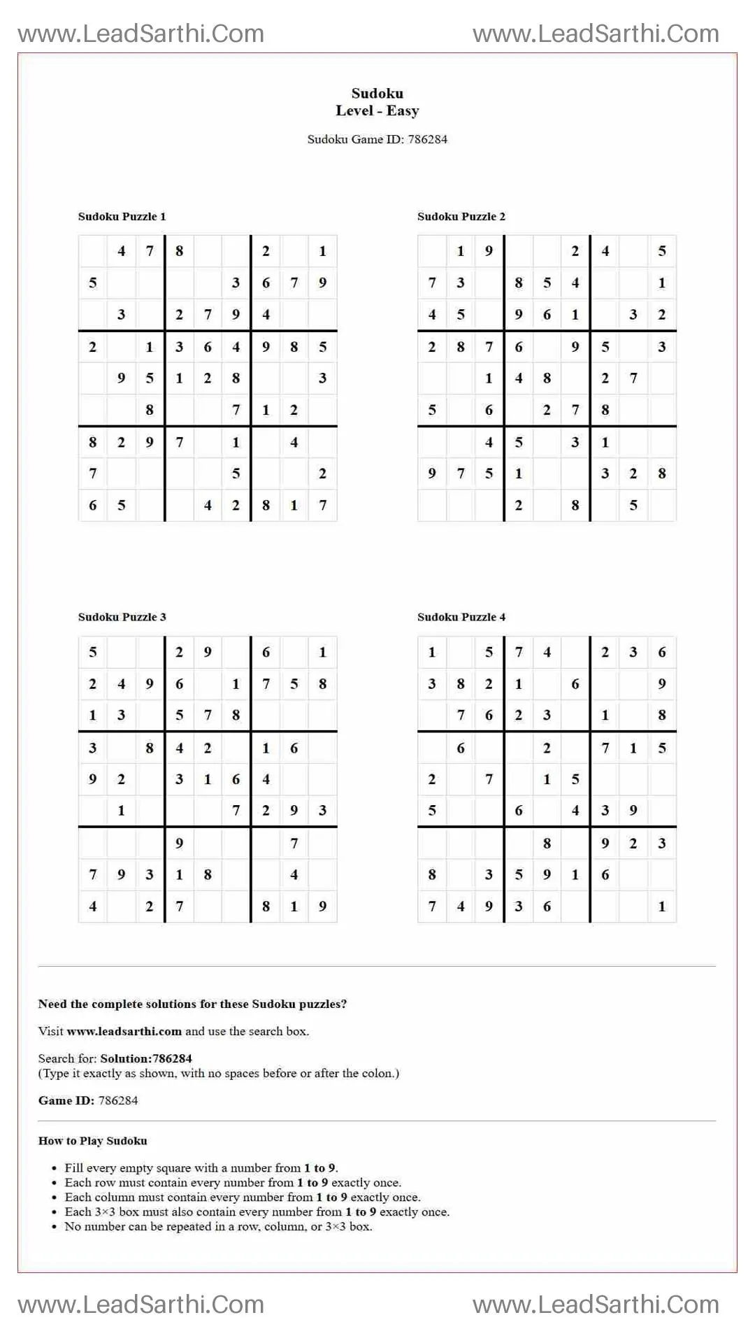 Printable Sudoku Puzzles 4 per Page Easy Level pdf [Game ID: 786284] Thumbnail