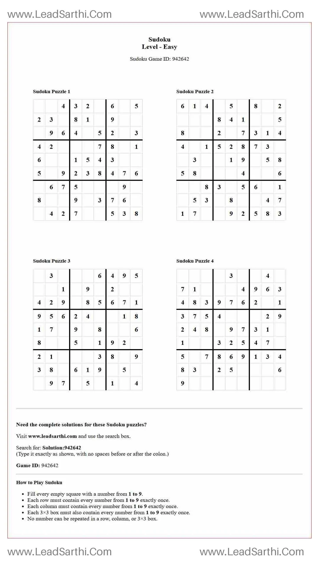 Printable Sudoku Puzzles 4 per Page Easy Level pdf [Game ID: 942642] Thumbnail