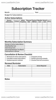 Subscription Tracker Printable PDF | Monthly Subscription Payment Worksheet Design Template