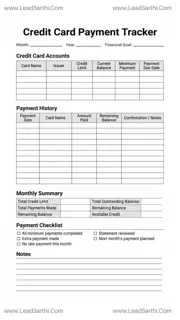 Credit Card Payment Tracker Printable PDF | Monthly Payment Log Worksheet Design Template