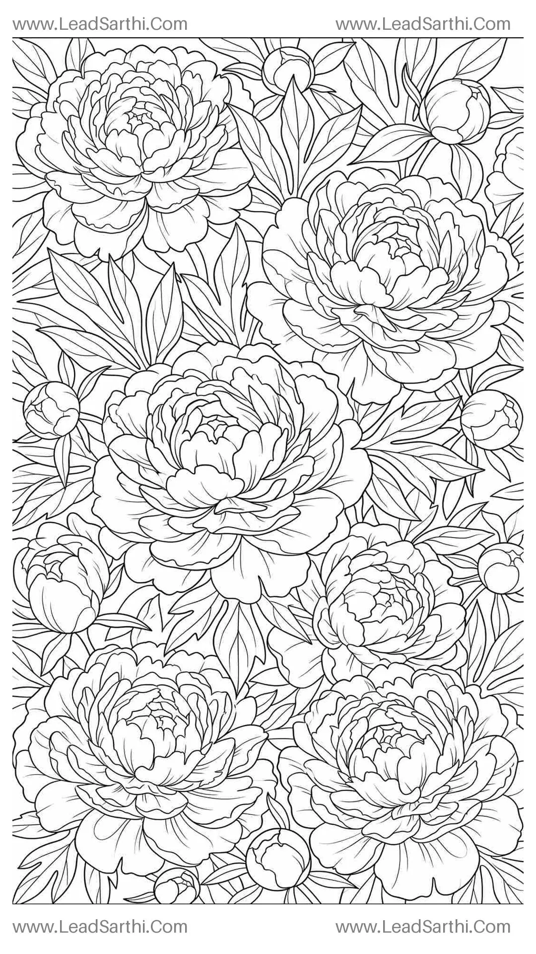 Lush Peony Blossom Carpet: Intricate Full-Page Floral Line Art for Adult Coloring Thumbnail