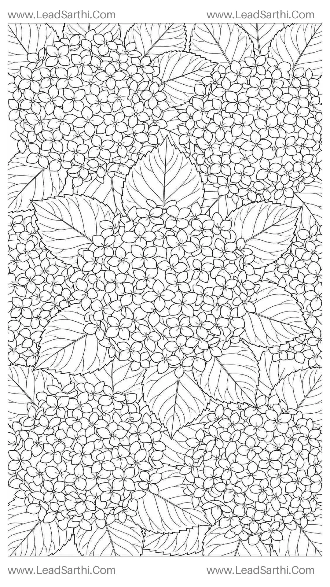 Intricate Hydrangea Mosaic: Full-Page Borderless Botanical Coloring Sheet for Adults Thumbnail