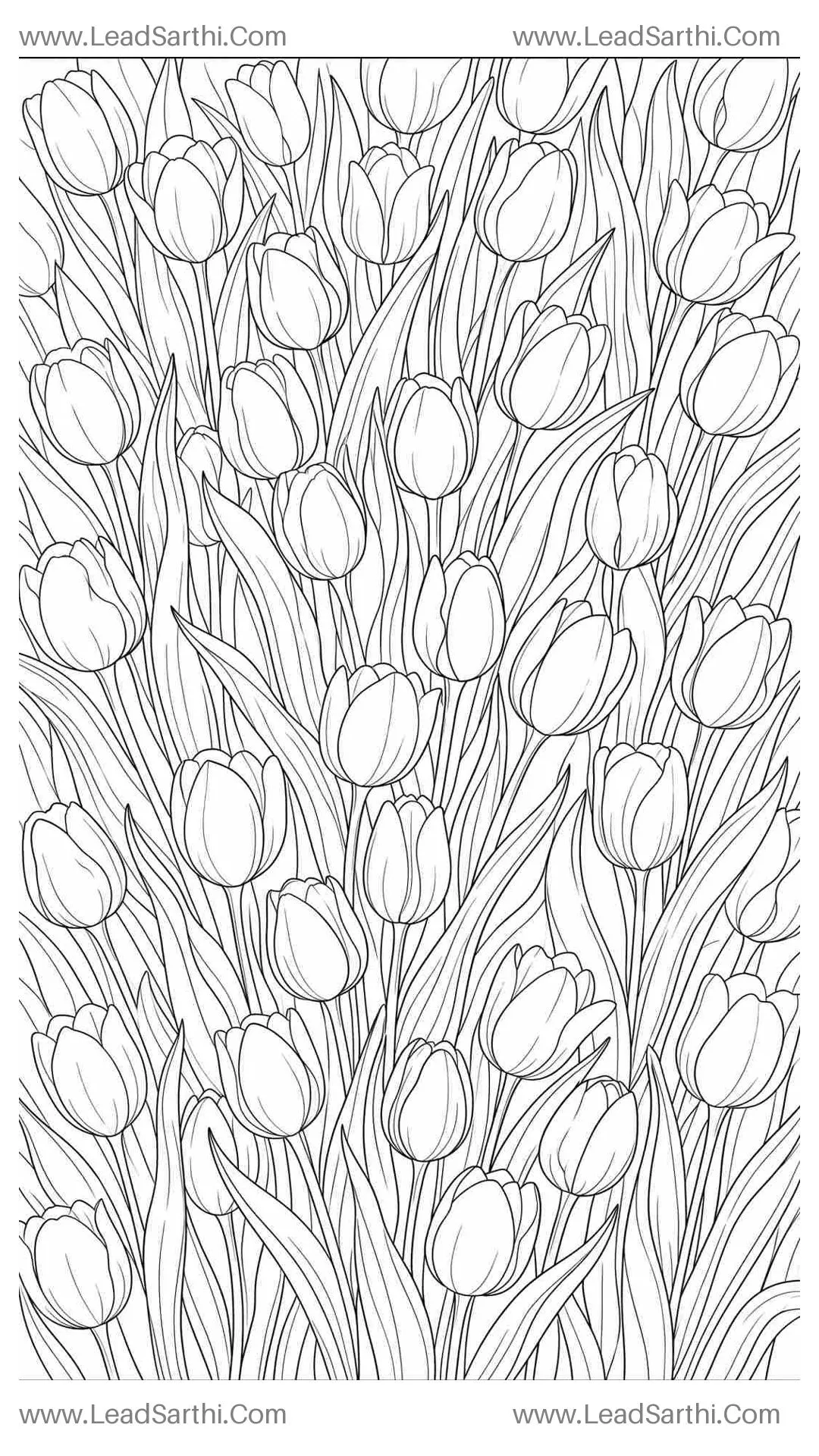 Ornate Spring Tulip Meadow: High-Detail Page-Filling Digital Botanical Coloring Sheet Thumbnail