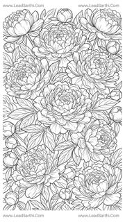 Peony Cascade: An Intricate, High-Detail Botanical Coloring Sheet for Adult Artists Design Template