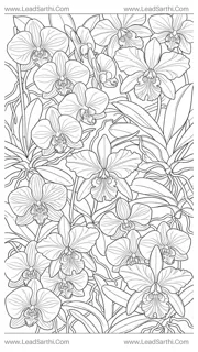 Exotic Orchid Cascade: High-Detail Full-Page Flat-Lay Botanical Coloring Sheet Design Template