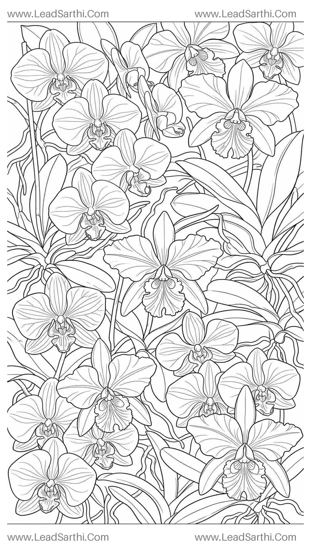 Exotic Orchid Cascade: High-Detail Full-Page Flat-Lay Botanical Coloring Sheet Thumbnail